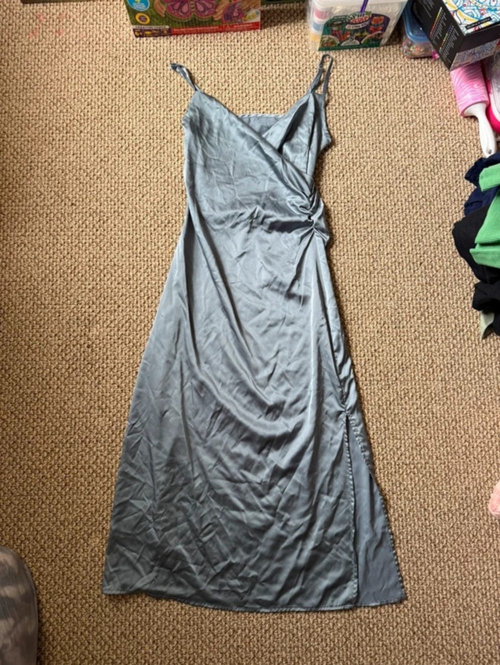 Cider greyish blue maxi prom dress with slit